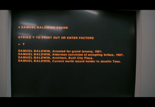 Computer screen showing that there are 4 results for Samuel Baldwin with some additional details like arrest, fraud, architect, athlete