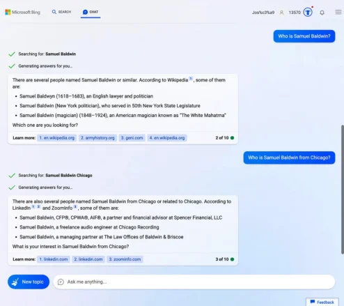 Bing Chat user interface with potential responses to Who is Samuel Baldwin.