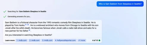 Bing Chat user interface with a response to Who is Samuel Baldwin from Sleepless in Seattle accurately describing the fictional character and the plot of the film.
